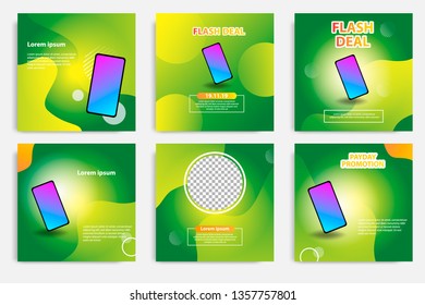 Six set modern wave fluid background template with gradient green, orange, yellow gradation for promotional. For social media post, stories, story, internet web banner, flyer, poster and brochure.