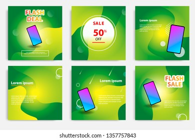 Six set modern wave fluid background template with gradient green, orange, yellow gradation for promotional. For social media post, stories, story, internet web banner, flyer, poster and brochure.