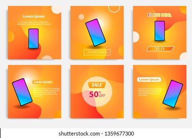 Six set modern wave fluid background template with gradient orange, yellow gradation for promotional. For social media post, stories, story, internet web banner, flyer, poster and brochure.