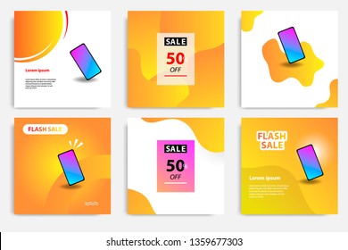 Six set modern wave fluid background template with gradient orange, yellow gradation for promotional. For social media post, stories, story, internet web banner, flyer, poster and brochure.