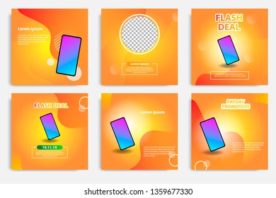 Six set modern wave fluid background template with gradient orange, yellow gradation for promotional. For social media post, stories, story, internet web banner, flyer, poster and brochure.