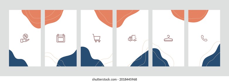 Six set of social media highlight story or stories page cover template with natural liquid wave shape in orange, white, blue. With sale, cart, telephone, calendar, package, discount icon. Vector