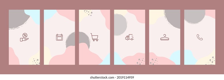 Six set of social media highlight story or stories page cover template with natural liquid wave shape in pink, tan, blue. With sale, cart, telephone, calendar, package, discount icon. Vector