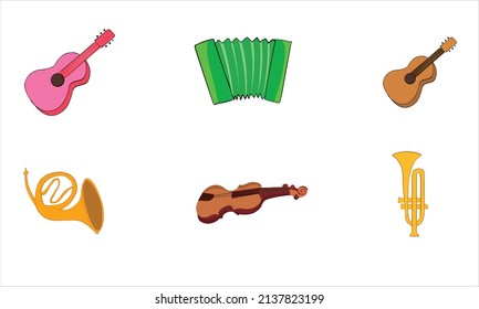 Six Set of vector modern flat design Music instruments