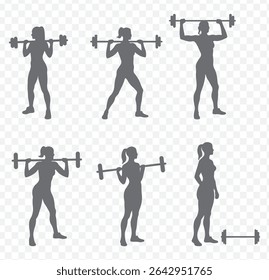 Six set of weight lifting muscle man or bodybuilder weightlifting weights in silhouette on Transparent Background. EPS 10.