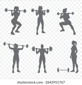 Six set of weight lifting muscle man or bodybuilder weightlifting weights in silhouette on Transparent Background. EPS 10.