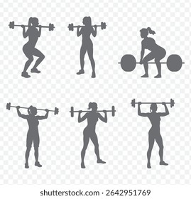 Six set of weight lifting muscle man or bodybuilder weightlifting weights in silhouette on Transparent Background. EPS 10.