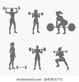 Six set of weight lifting muscle man or bodybuilder weightlifting weights in silhouette on Transparent Background. EPS 10.