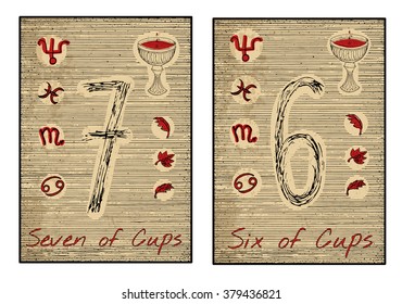 Six and seven of cups in red. The minor arcana tarot card, vintage hand drawn engraved illustration with mystic symbols.