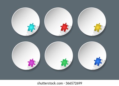 Six shaded circles with the decor of the puzzle. Each circle has the the decor of puzzle in different color. All is on the trendy neutral background.