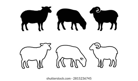 Six sheep depictions in varying poses and styles including black silhouettes on a white background silhouette ovine ram ewe lamb
