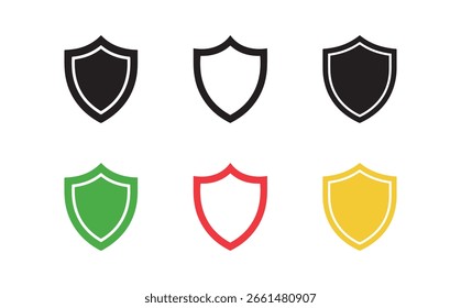 Seis ícones de escudo em vários estilos e cores são isolados em um fundo branco, exibindo símbolos de segurança em preto, verde, vermelho e amarelo para várias necessidades de design.
