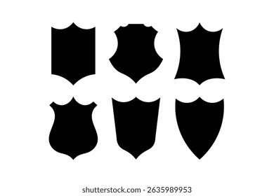 Six shield silhouettes in black color representing emblem badges and protection symbols