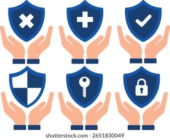 Six shields with different security symbols held by hands. Perfect for illustrating security, protection, safety, and insurance concepts.