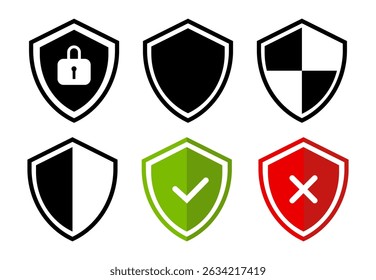 Seis escudos con varios símbolos, adecuados para diseños con temas medievales, proyectos históricos o materiales educativos que se centran en tácticas de armadura y defensa.