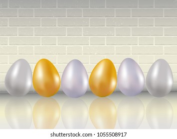 A six shining dyed in metallic gold, silve, platinum colors chicken eggs on white brick wall background with reflaction. Healthy food. Dietary meal. Easter symbol. Realistic 3d Vector illustration