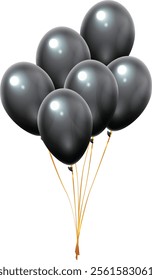 Six shiny black balloons floating together tied with gold ribbons isolated on a white background, creating a festive and elegant atmosphere