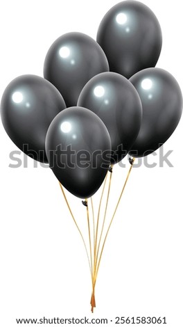 Six shiny black balloons floating together tied with gold ribbons isolated on a white background, creating a festive and elegant atmosphere
