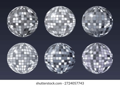Six shiny disco balls in different chrome shades light, dark, gunmetal, blue steel, lavender, and platinum reflecting light on a dark blue gradient background. Perfect for party, dance, club, and celebration-themed designs.