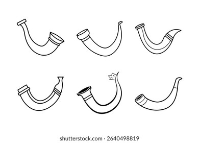 Six shofar horn outlines in various styles on a white background.