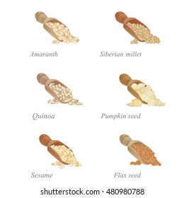 Six shovels with different cereals and oilseed in them / There are shovels with amaranth, quinoa, sesame and other popular cereals
