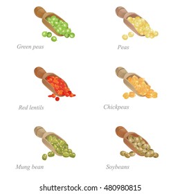 Six shovels with different legumes in them / There are shovels with green peas, red lentils, mung beans and other popular legumes
