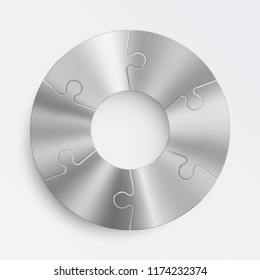 Six sided 3d circle metal puzzle presentation banner. Puzzle infographic template text field business statistics. Vector 6 pieces round steel puzzles graphic. Section six compare metal service banner