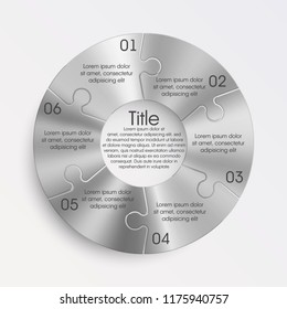 Six sided 3d circle metal puzzle presentation banner. Puzzle infographic template text field business statistics. Vector 6 pieces round steel puzzles graphic. Section six compare metal service banner