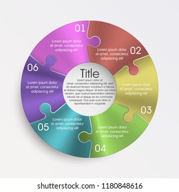 Six sided 3d circle metal puzzle presentation banner. Puzzle infographic template text field business statistics. Vector 6 pieces round steel puzzles graphic. Section six compare metal service banner
