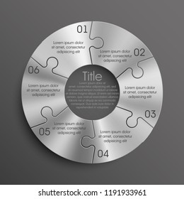 Six sided 3d circle metal puzzle presentation banner. Puzzle infographic template text field business statistics. Vector 6 pieces round steel puzzles graphic. Section six compare metal service banner