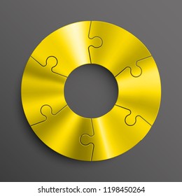 Six sided 3d circle metal puzzle presentation banner. Puzzle infographic template text field business statistic. Vector 6 pieces round steel puzzles graphic. Section six compare metal service banner