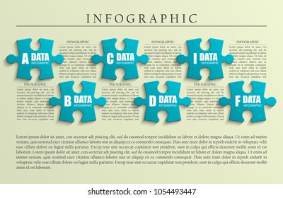 Six sided 3d puzzle presentation. Abstract puzzle infographic template with explanatory text field for business statistics. Vector six pieces puzzles illustration. Section compare service banner.