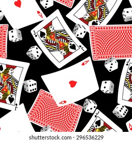 Six sided dice and blackjack cards seamless pattern.