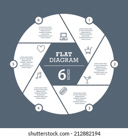 Six sided flat shutter diagram template for your business presentation with text areas and icons. Vector infographic graphic design.