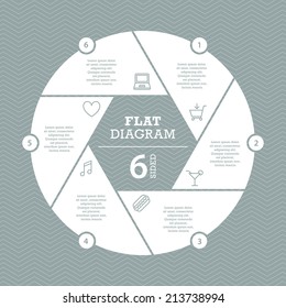 Six sided flat shutter diagram template for your business presentation with text areas and icons. Vector infographic graphic design.