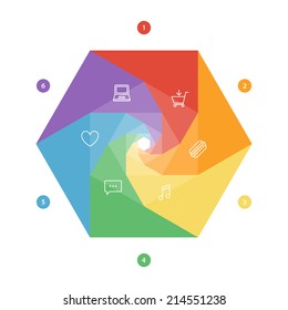 Six sided flat shutter diagram template for your business presentation with text areas and icons. Vector infographic graphic design.