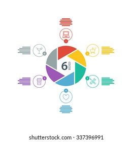 Six sided flat shutter diagram template for your business presentation with text areas and icons. Editable vector infographic graphic design. White background.