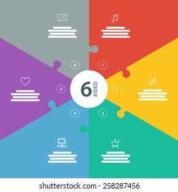 Six sided, numbered flat rainbow spectrum colored puzzle presentation infographic chart with explanatory text field isolated on white background. Vector graphic template.