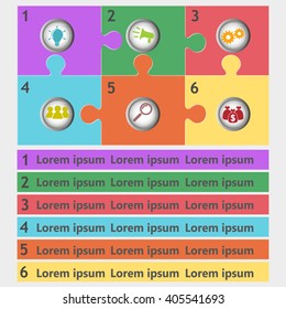 Six sided, numbered flat rainbow spectrum colored puzzle presentation infographic chart with explanatory text field isolated on white background. Vector graphic template.