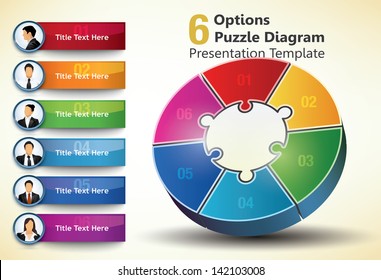 Six sided presentation template with title text and business people portraits, used for infographic designs