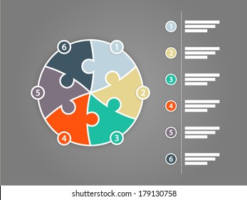 Six sided puzzle presentation infographic diagram template with numbered explanatory text field on dark background