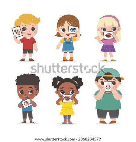 Six sight Concept With Human Organs. Kids showing six Organ senses sight. Sense of sight, touch, hear, smell, taste.