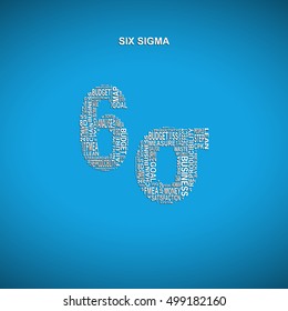 Six sigma diagonal typography background. Blue background with main title 6 sigma filled by other words related with six sigma method