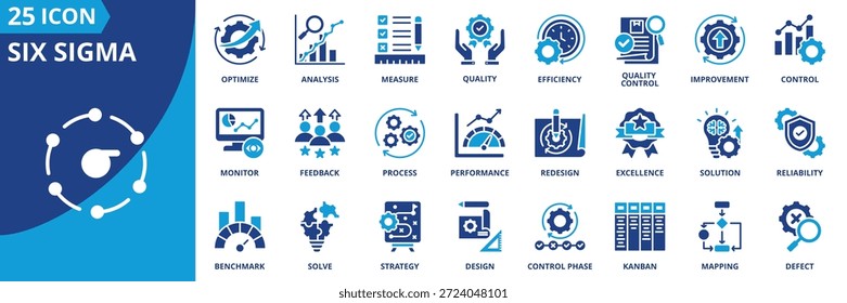 six sigma icon set collection in solid glyph dual color style. pack contain quality, process, improvement, efficiency, analysis, defect, control, control phase, mapping, performance icon