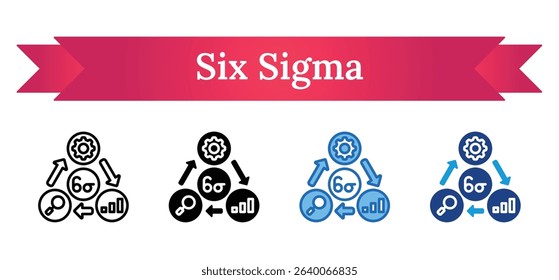 Six Sigma Multi Style Icon - Six Sigma with arrows, gear, and analysis chart showing process improvement and quality control for optimal efficiency