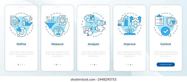 Six sigma processing stages blue onboarding mobile app screen. Walkthrough 5 steps editable graphic instructions with linear concepts. UI, UX, GUI template. Montserrat SemiBold, Regular fonts used