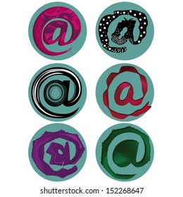 six at signs with different styles in blue circles
