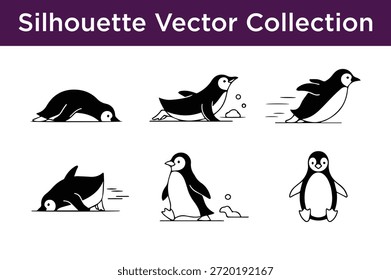 Seis pingüinos de la silueta en diversas poses aisladas en el fondo blanco
