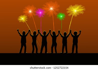 Six silhouette people are holding their hands gladly when there is fireworks lightning in the sky.