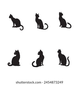 Six silhouette of various cats. They are standing, sitting. vector illustrations.